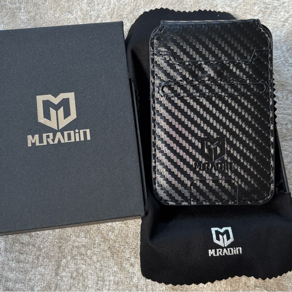 Brand New Muradin Black Carbon Fiber Minimalist Wallet RFID Blocking Card Holder